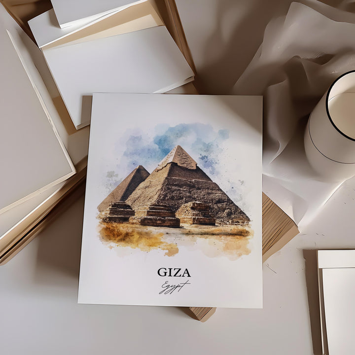 Giza Egypt Wall Art, Pyramids of Giza Print, Egypt Watercolor Art, Giza Egypt Gift, Travel Print, Travel Poster, Housewarming Gift