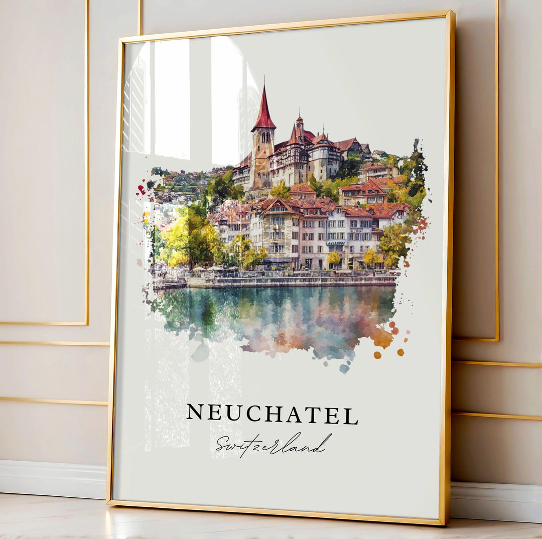 Neuchatel Wall Art, Neuchatel Print, Neuchatel Switzerland Watercolor, Neuchatel Gift,