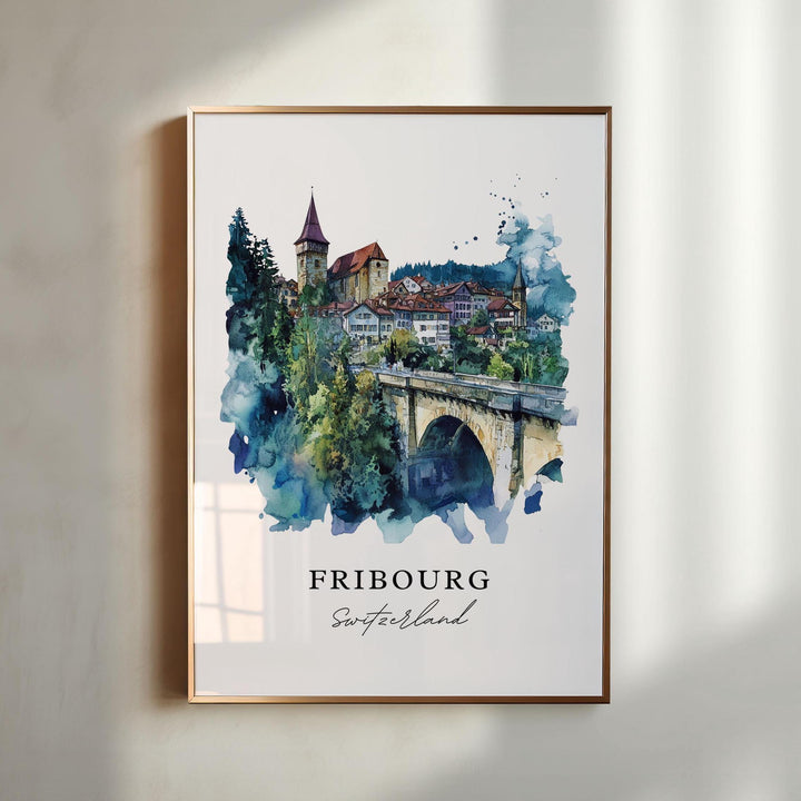 Fribourg Wall Art, Fribourg Switzerland Print, Fribourg Watercolor Art, La Sarine Gift,