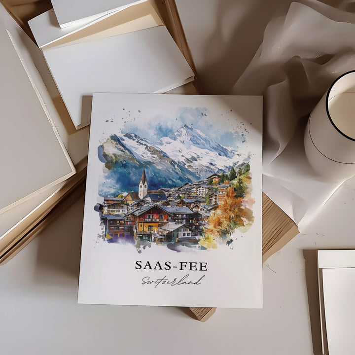 Saas-Fee Wall Art, Saas-Fee Print, Saas-Fee Switzerland Watercolor, Swiss Alps Gift,