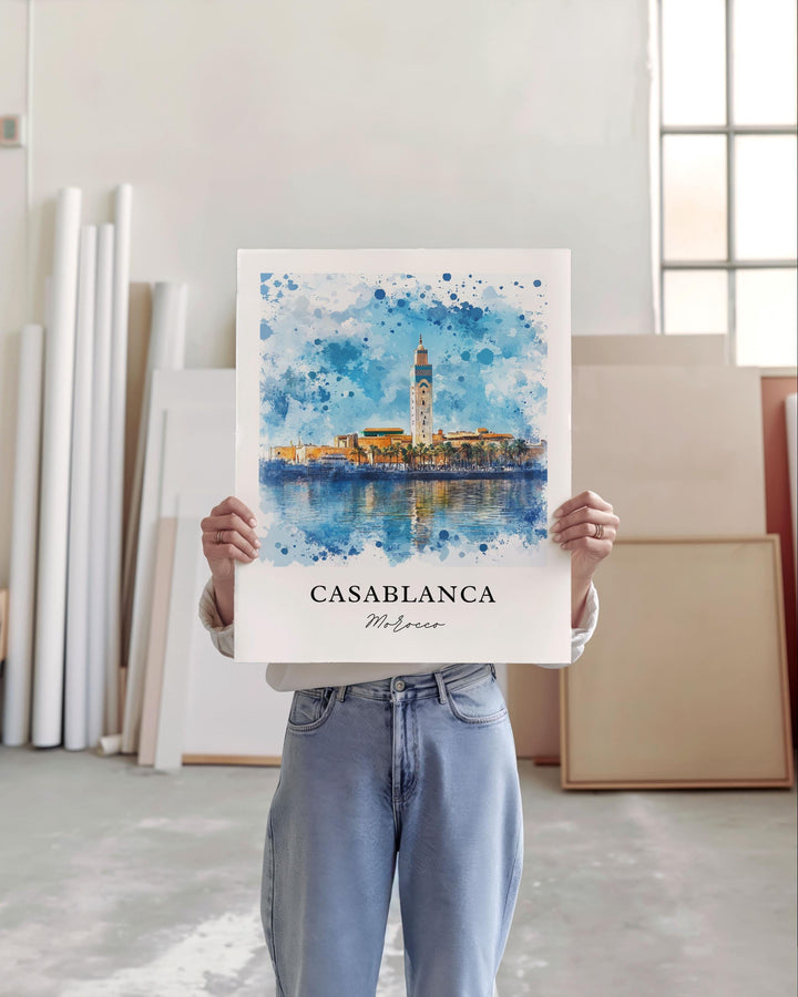 Casablanca Wall Art, Casablanca Print, Casablanca Watercolor Art, Hassan II Mosque Gift, Travel Print, Travel Poster, Housewarming Gift