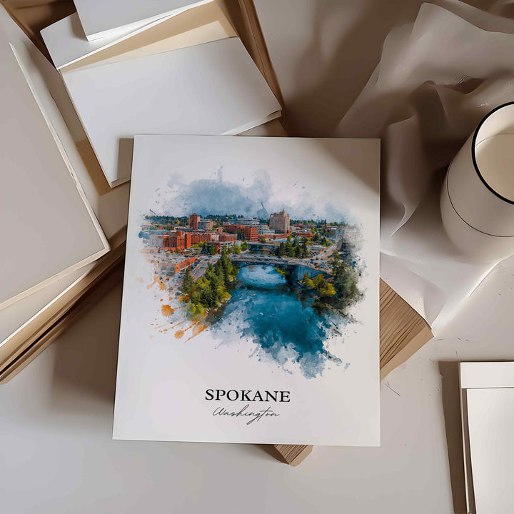 Spokane WA Wall Art, Spokane Print, Spokane Washington Watercolor Art, Washington State Gift, Travel Print, Travel Poster, Housewarming Gift