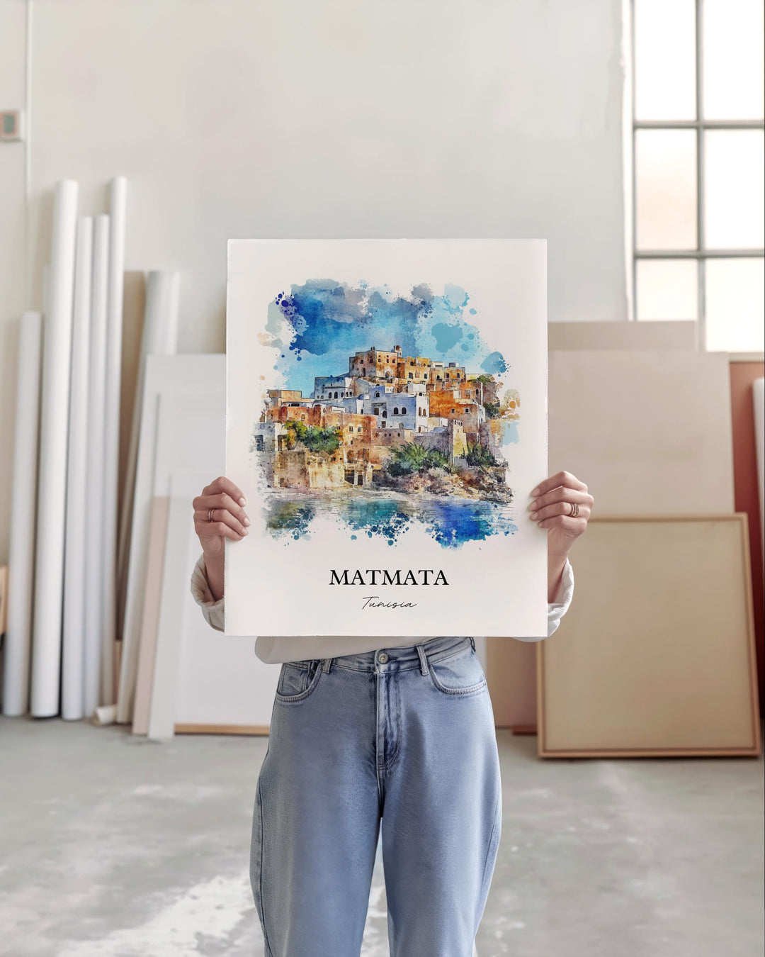 Matmata Wall Art, Southern Tunisia Print, Tunisia Watercolor Art, Matmata Tunisia Gift, Travel Print, Travel Poster, Housewarming Gift