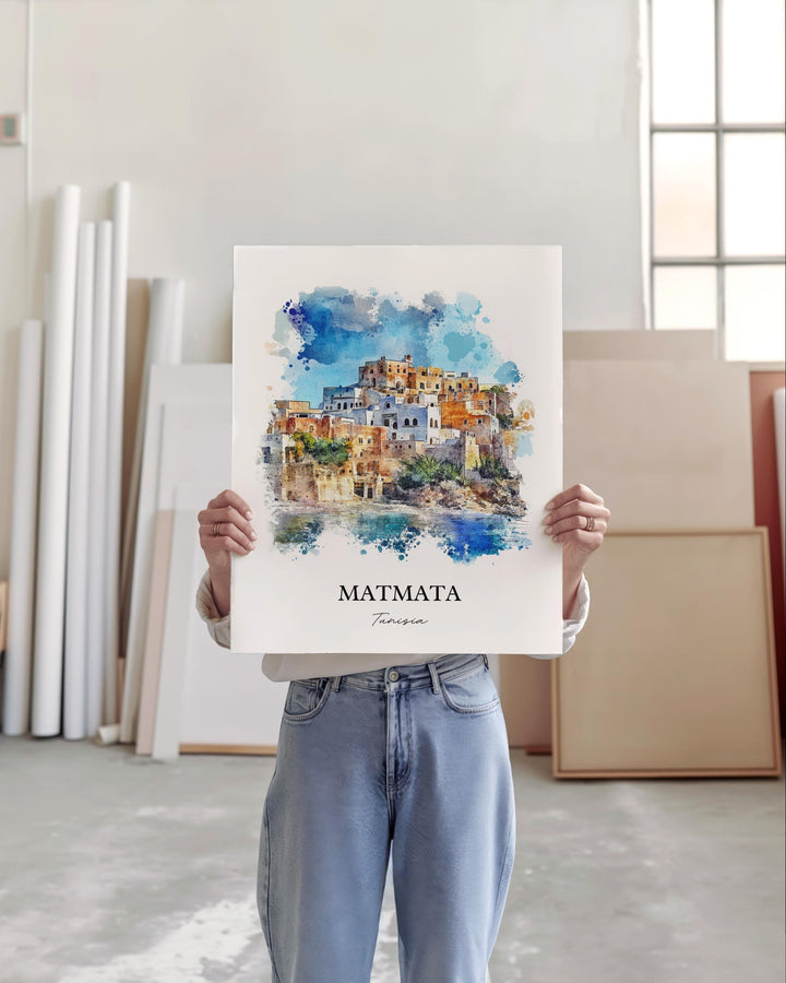 Matmata Wall Art, Southern Tunisia Print, Tunisia Watercolor Art, Matmata Tunisia Gift, Travel Print, Travel Poster, Housewarming Gift