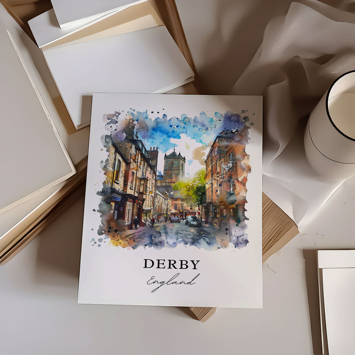Derby England Wall Art, Derby Print, Derbyshire UK Watercolor, Derby Gift, Travel Poster, Housewarming Gift