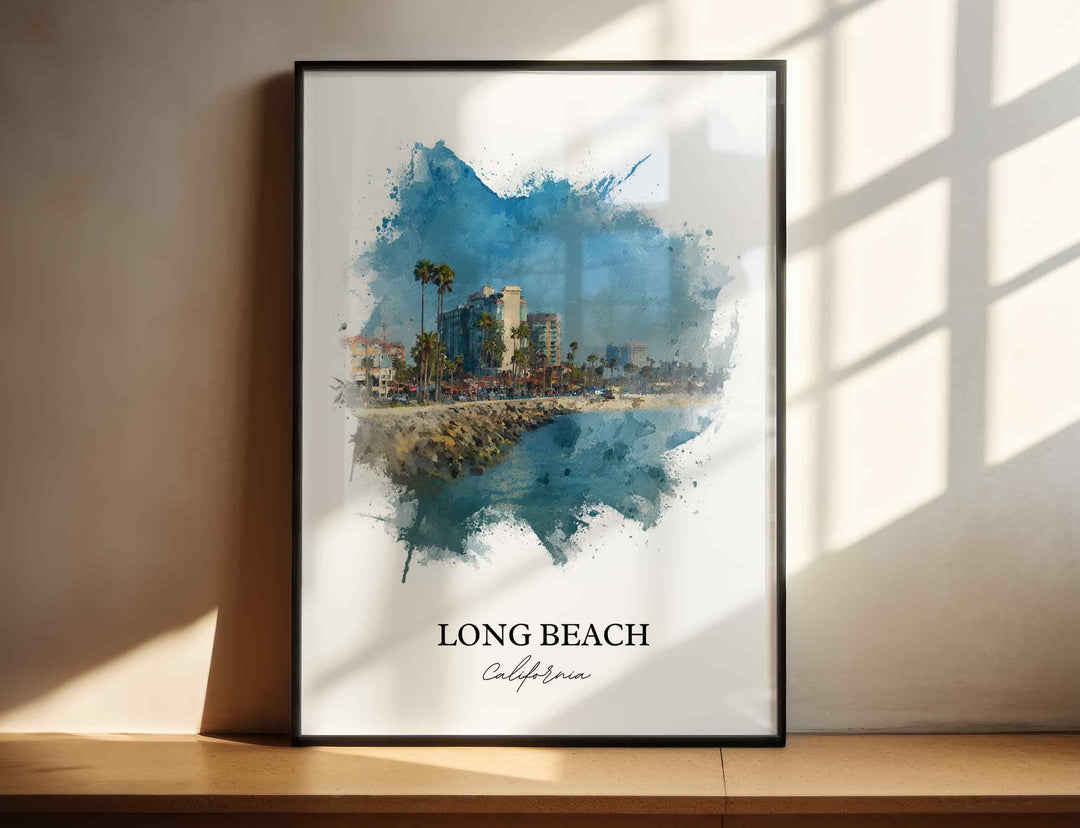 Long Beach CA Wall Art, Long Beach Print, California Watercolor Art, Queensway Bay Gift, Travel Print, Travel Poster, Housewarming Gift