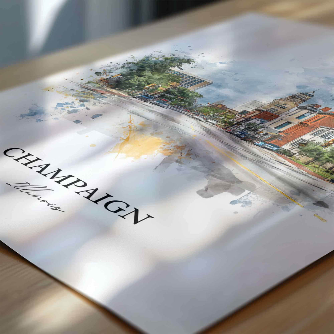 Champaign IL Wall Art, Champaign Print, Illinois Watercolor Art, Champaign Illinois Gift, Travel Print, Travel Poster, Housewarming Gift