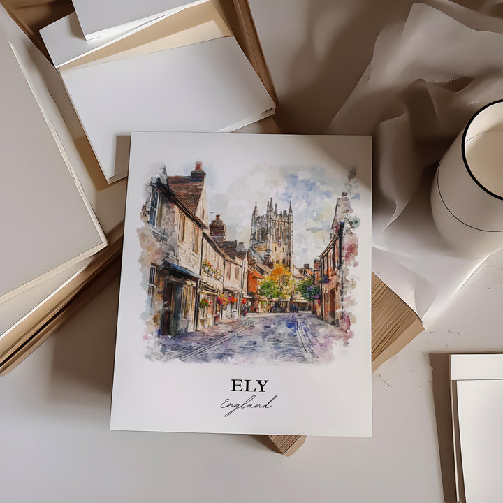 Ely England Wall Art, East Cambridgeshire Print, England Watercolor Art, Ely England Gift, Travel Print, Travel Poster, Housewarming Gift
