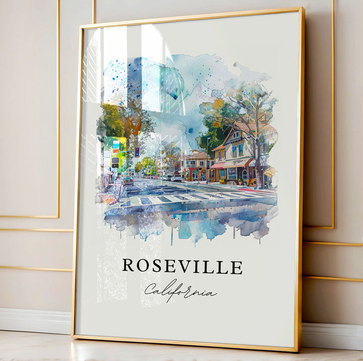 Roseville CA Art, Placer County CA Print, Roseville Watercolor Art, Sacramento Cali Gift,