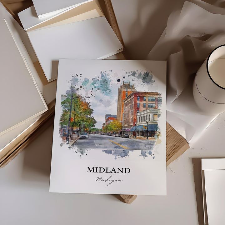 Midland Michigan Wall Art, Saginaw Print, Michigan Watercolor Art, Midland MI Gift, Travel Print, Travel Poster, Housewarming Gift
