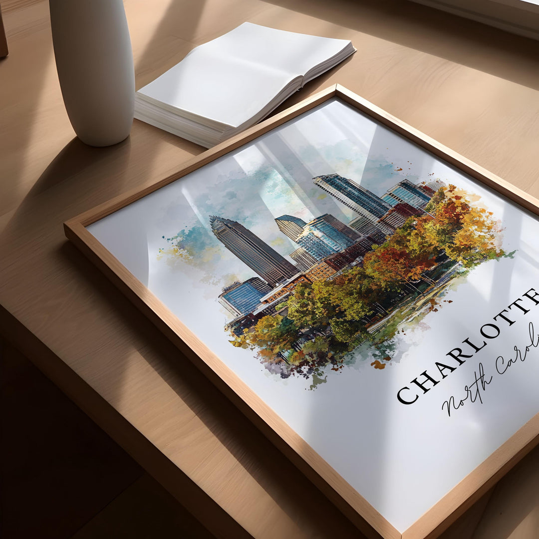 Charlotte NC Wall Art, Charlotte Print, Charlotte Watercolor Art, Charlotte Cityscae Gift,
