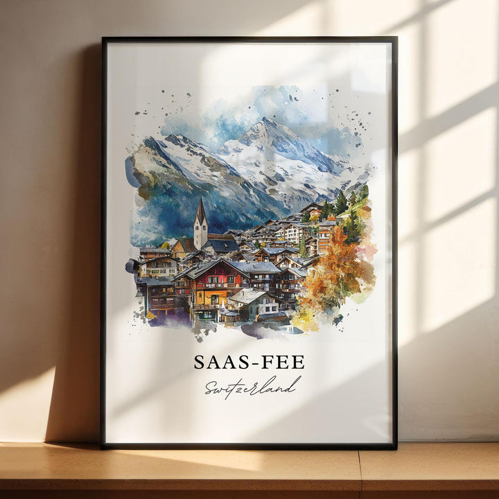 Saas-Fee Wall Art, Saas-Fee Print, Saas-Fee Switzerland Watercolor, Swiss Alps Gift,