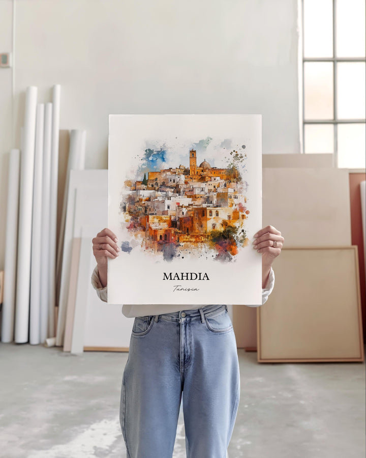 Mahdia Wall Art, Monastir Tunisia Print, Tunisia Watercolor Art, Mahdia Tunisia Gift, Travel Print, Travel Poster, Housewarming Gift