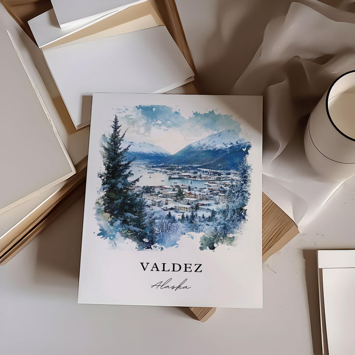 Valdez Alaska Wall Art, Valdez Alaska Print, Valdez Alaska Watercolor Art, Chugach AK Gift, Travel Poster, Housewarming Gift