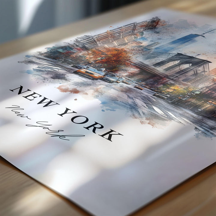 NYC Wall Art, New York City Print, Manhattan Watercolor Art, Brooklyn Bridge Gift, Manhattan Travel Print, Travel Poster, Housewarming Gift