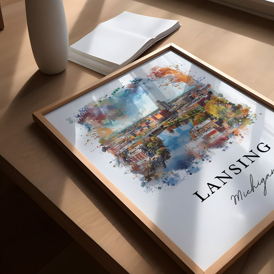 Lansing MI Wall Art, Lansing Print, Lansing Watercolor Art, Lansing Michigan Gift,