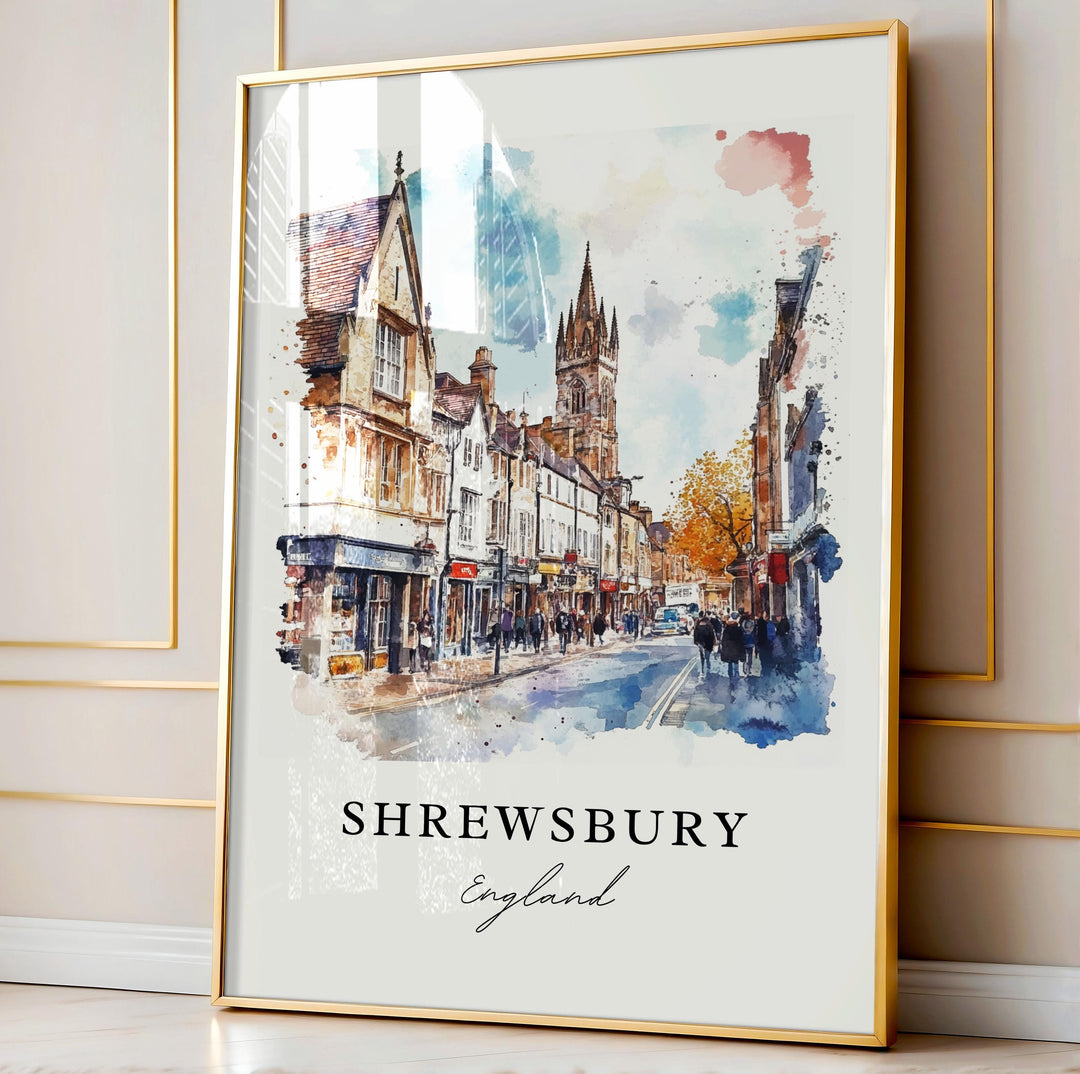 Shrewsbury England Wall Art, Shrewsbury Print, Shropshire Watercolor Art, Shrewsbury UK Gift,