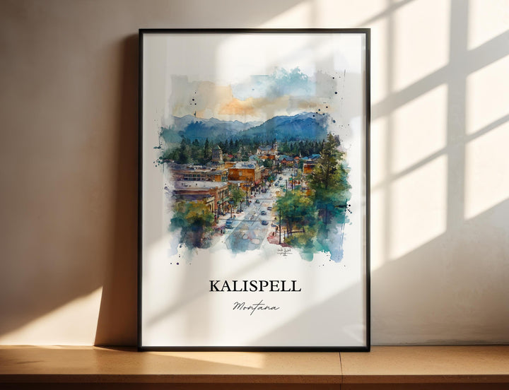 Kalispell MT Wall Art, Glacier National Park Print, Montana Watercolor Art, Kalispell Gift, Travel Print, Travel Poster, Housewarming Gift