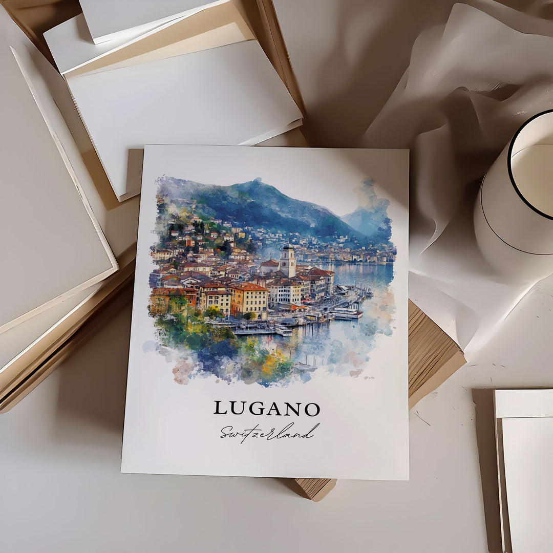Lugano Switzerland Wall Art, Lugano Print, Lake Lugano Watercolor Art, Ticino Region Gift, Travel Print, Travel Poster, Housewarming Gift