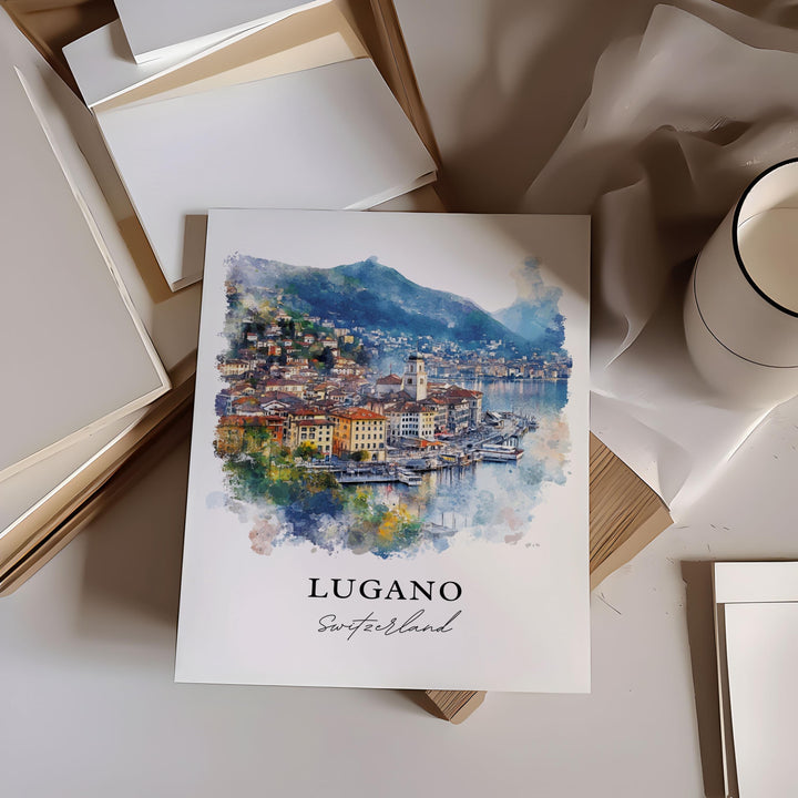 Lugano Switzerland Wall Art, Lugano Print, Lake Lugano Watercolor Art, Ticino Region Gift, Travel Print, Travel Poster, Housewarming Gift