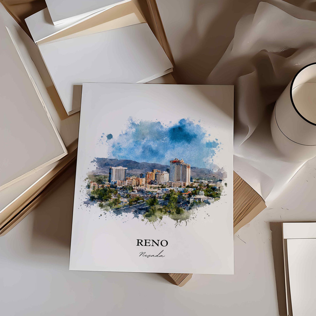 Reno, Nevada Wall Art, Reno Print, Nevada Watercolor Art, Reno Nevada Skyline Gift, Travel Print, Travel Poster, Housewarming Gift