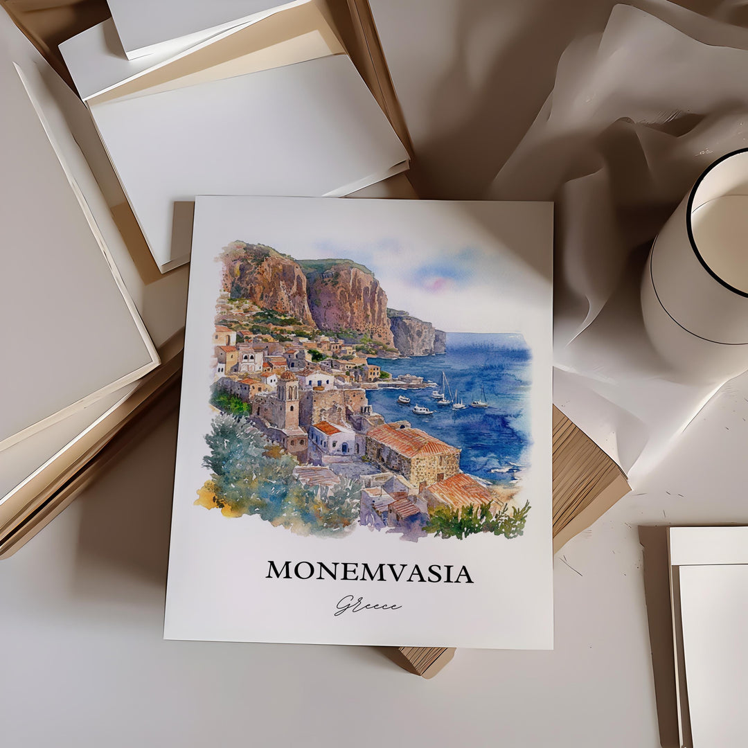 Monemvasia Wall Art, Laconia Print, Greece Watercolor Art, Monemvasia Gift, Travel Print, Travel Poster, Housewarming Gift