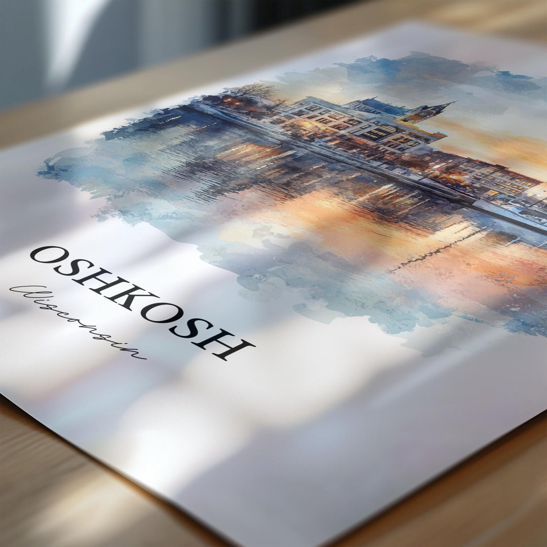 Oshkosh Wall Art, Winnebago County Print, Wisconsin Watercolor Art, Oshkosh WI Gift, Travel Print, Travel Poster, Housewarming Gift