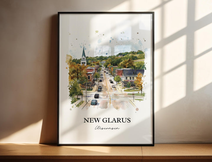 New Glarus Wall Art, New Glarus Print, Wisconsin Watercolor Art, New Glarus WI Gift, Travel Print, Travel Poster, Housewarming Gift