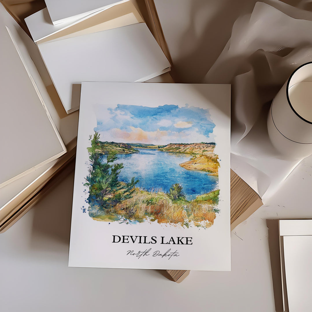 Devils Lake ND Wall Art, Sauk County Print, Devils Lake Watercolor Art, Devils Lake Gift, Travel Print, Travel Poster, Housewarming Gift