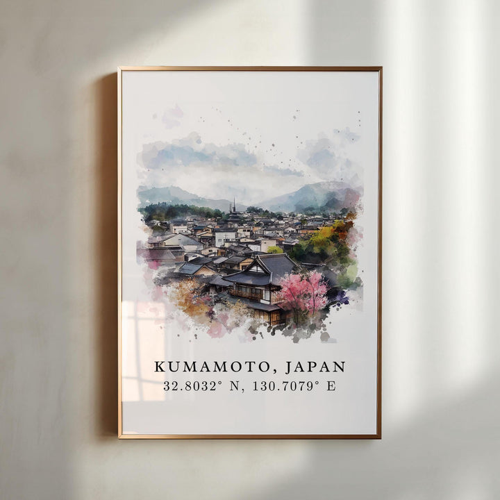 Kumamoto Wall Art, Kumamoto Print, Japan Watercolor Art, Kyushu Japan Gift, Travel Poster, Housewarming Gift