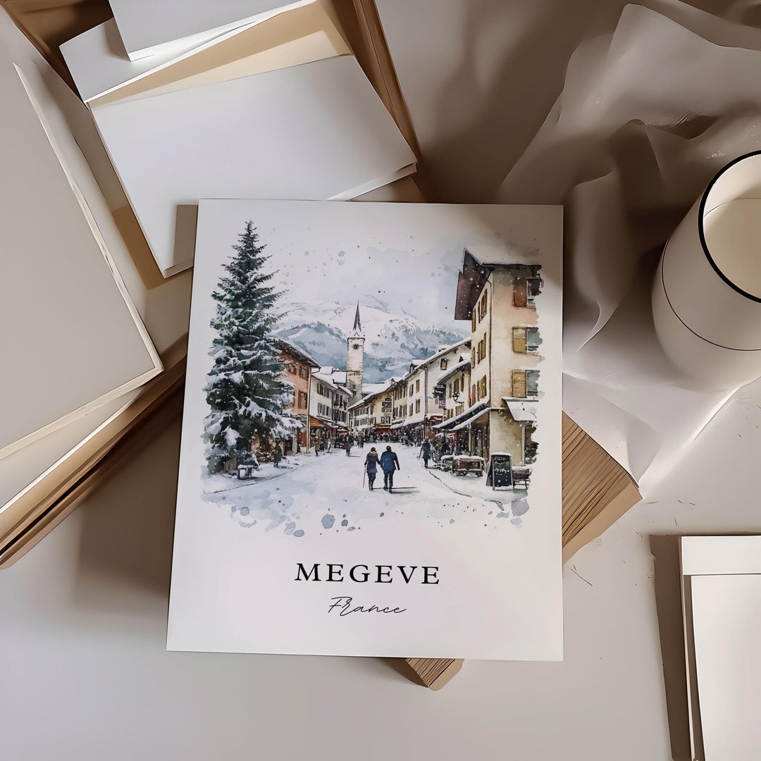 Megeve France Wall Art, Megeve Print, French Alps Watercolor Art, Megeve France Gift,