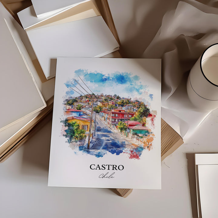 Castro Chile Wall Art, Chiloé Island Print, Chile Watercolor Art, Castro Chile Gift, Travel Print, Travel Poster, Housewarming Gift