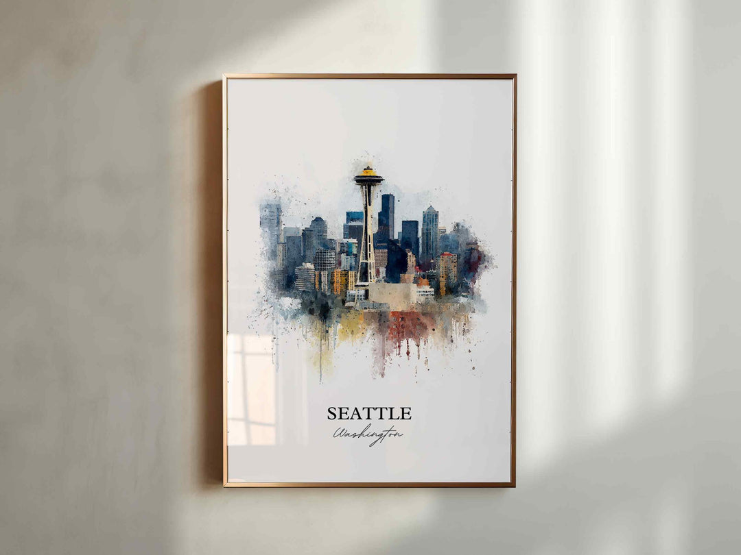 Seattle, Washington Wall Art, Seattle WA Print, Seattle Watercolor Art, Seattle Washington Skyline Gift, Travel Print, Travel Poster, Housewarming Gift