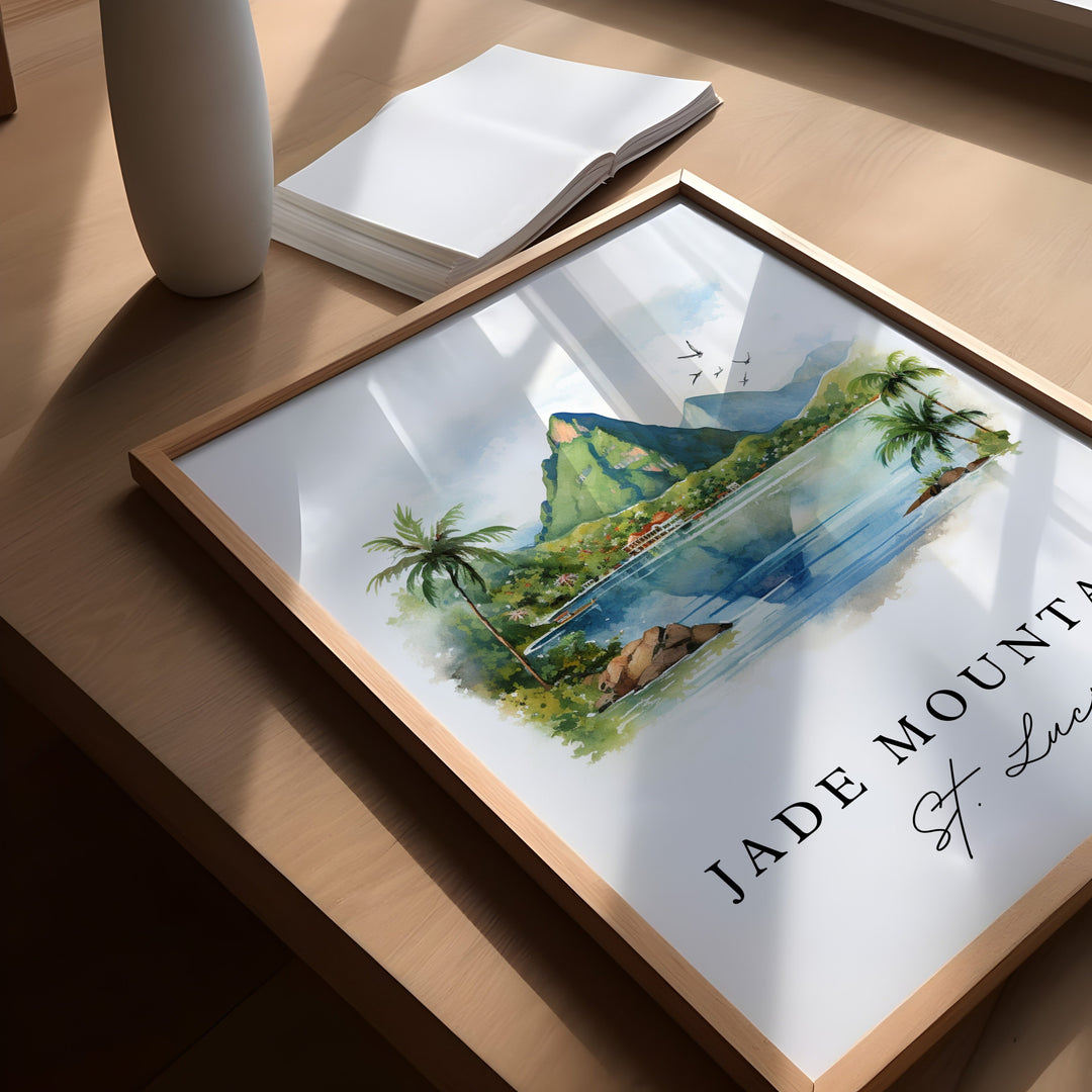 Jade Mountain traditional travel art - St Lucia, Jade Mountain poster print, Wedding gift, Birthday present, Custom Text, Perfect Gift