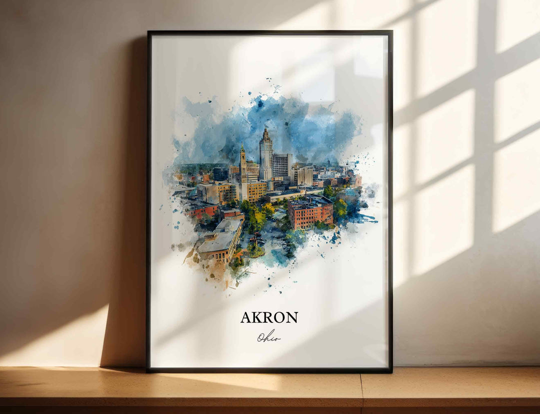 Akron, Ohio Wall Art, Akron Print, Akron Watercolor Art, Akron Ohio Skyline Gift, Travel Print, Travel Poster, Housewarming Gift