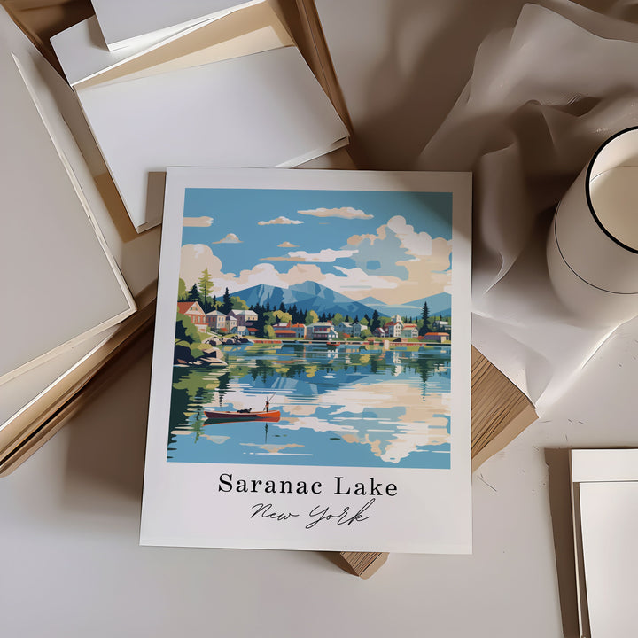 Saranac Lake traditional travel art - New York, Saranac Lake poster, Wedding gift, Birthday present, Custom Text, Personalised Gift