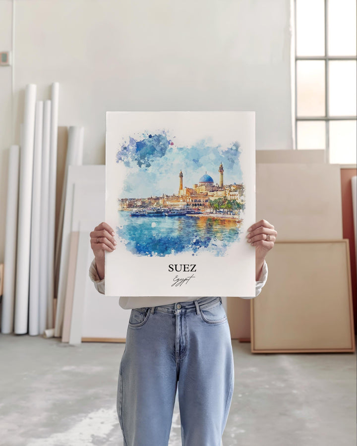 Suez Egypt Wall Art, Suez Canal Print, Egypt Watercolor Art, Suez Egypt Gift, Travel Print, Travel Poster, Housewarming Gift