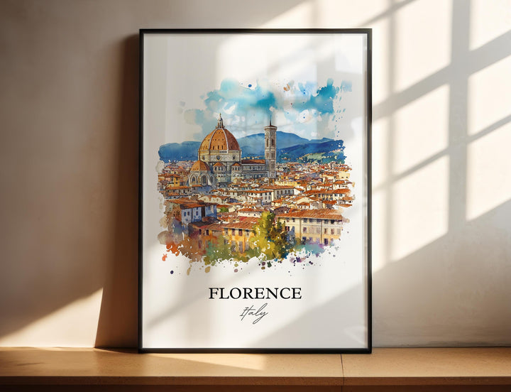 Watercolor travel art print of Florence, Italy featuring the iconic Florence Cathedral Duomo and Giotto's Bell Tower towering over old historic buildings, displayed in a black frame with window shadow lighting.