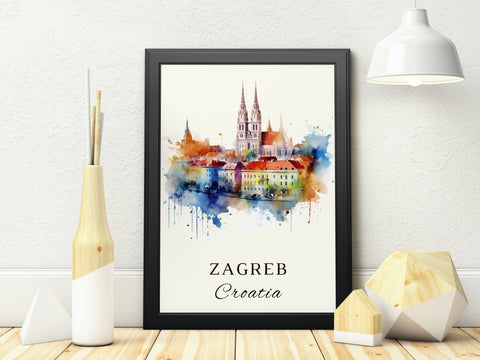 Zagreb traditional travel art - Croatia, Zagreb poster, Wedding gift, Birthday present, Custom Text, Personalised Gift