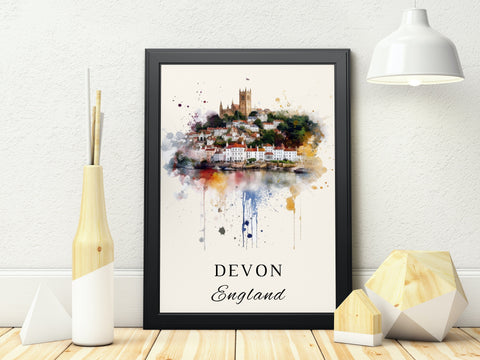Devon traditional travel art - England, Devon poster, Wedding gift, Birthday present, Custom Text, Personalised Gift