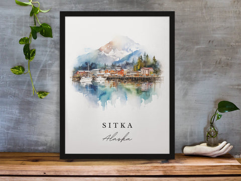 Sitka traditional travel art - Alaska, Sitka poster print, Wedding gift, Birthday present, Custom Text, Perfect Gift