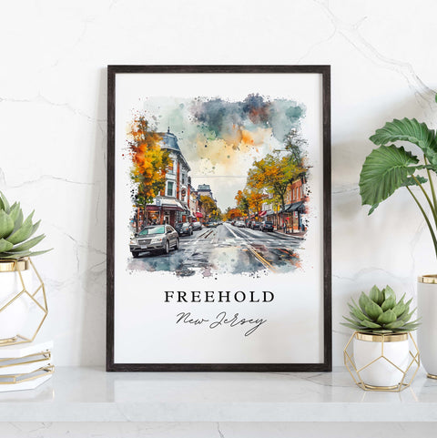 Freehold NJ traditional watercolor art - New Jersey, Freehold print, Wedding gift, Birthday present, Custom Text, Perfect Gift
