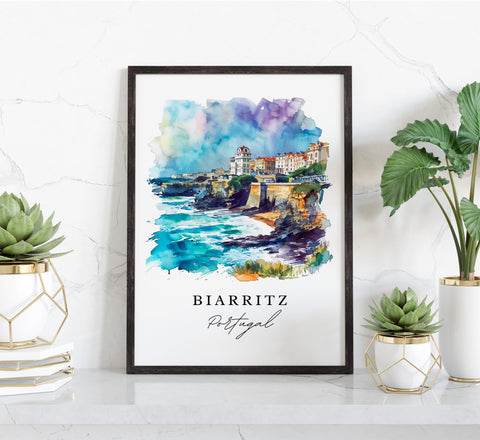 Biarritz traditional travel art - Portugal, Biarritz print, Wedding gift, Birthday present, Custom Text, Perfect Gift