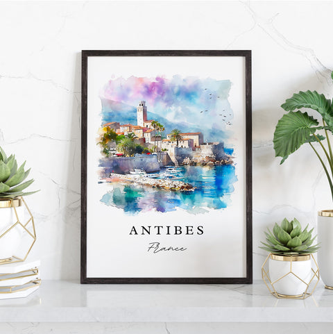 Antibes traditional travel art - France, Antibes print, Wedding gift, Birthday present, Custom Text, Perfect Gift