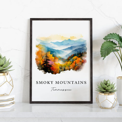 Great Smoky Mountains traditional travel art - Tennessee, Smoky Mtn poster print, Wedding gift, Birthday present, Custom Text, Perfect Gift