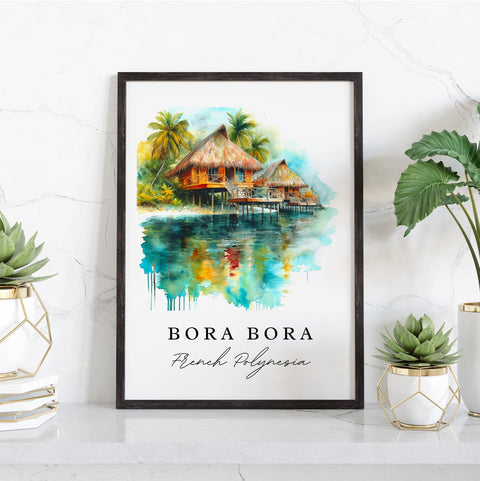 Bora Bora traditional travel art - French Polynesia, Bora Bora print, Wedding gift, Birthday present, Custom Text, Perfect Gift