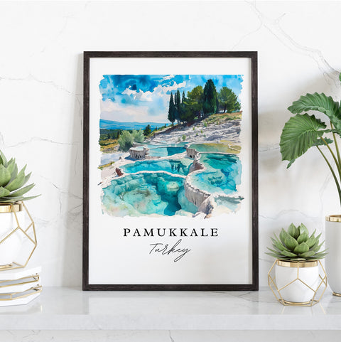 Pamukkale traditional travel art - Turkey, Pamukkale print, Wedding gift, Birthday present, Custom Text, Perfect Gift