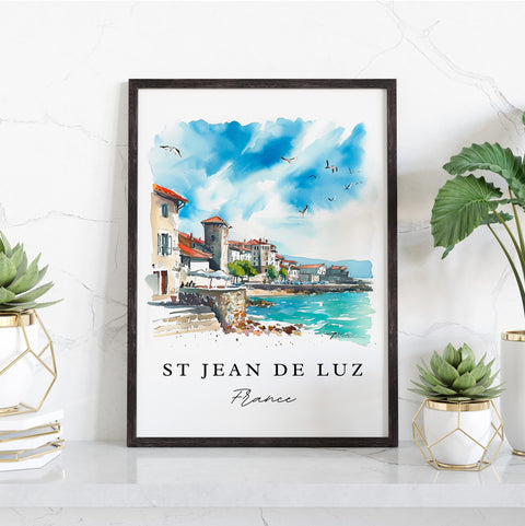 St Jean de Luz traditional travel art - France, St Jean de Luz print, Wedding gift, Birthday present, Custom Text, Perfect Gift