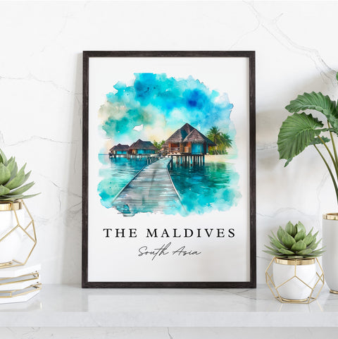 The Maldives traditional travel art - South Asia, Maldives print, Wedding gift, Birthday present, Custom Text, Perfect Gift