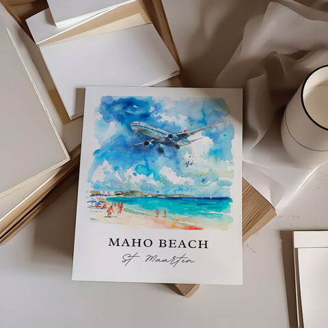Maho Beach Wall Art, St. Maarten Print, Maho Beach Plane Watercolor, Saint Maarten Gift, Travel Print, Travel Poster, Housewarming Gift